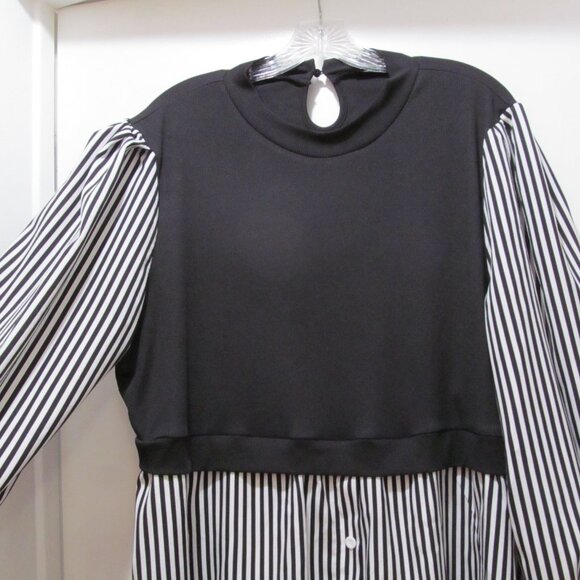 SHEIN Curve Essnce Plus Striped Print Top Lantern Sleeve 2 in 1 top Black Sz 4X - Picture 1 of 14